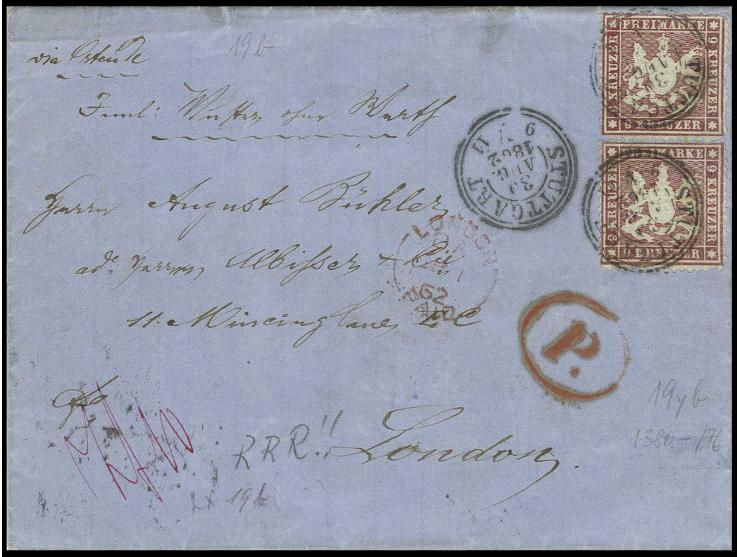 1861, eng gezähnt auf dünnem Papier: 9 Kr. lilarot im senkrechten Paar, Zähnung etwas fehlerhaft mit Kr. "STUTTGART 30 AUG. 1