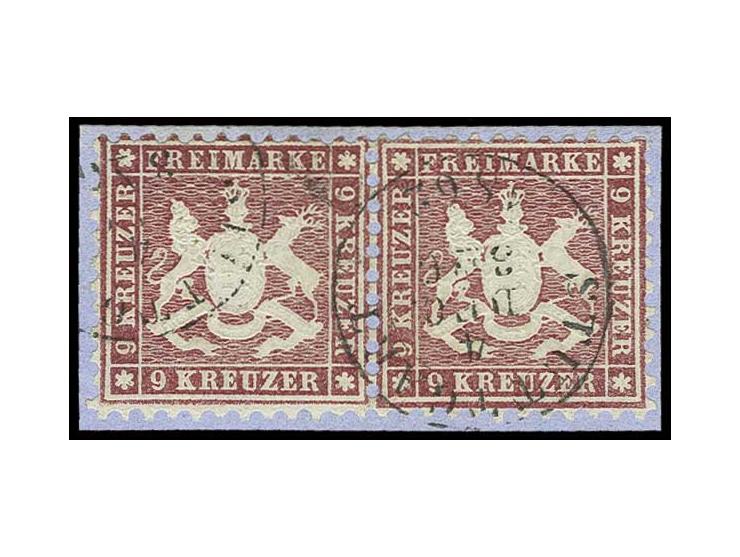 9 Kr. lilarot im farbfrischen und gut gezähnten waagerechten Paar mit EKr. "STUTTGART 4 DEC 1862" auf Briefstück, Kabinett, s