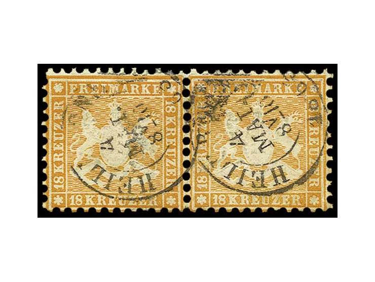 18 Kr. orange im waagerechten Paar mit jeweils DKr. "HEILBRONN 4 MAI. 1863", Pracht, sign. Thoma BPP (Mi. 1.500,-) (ex Sammlu