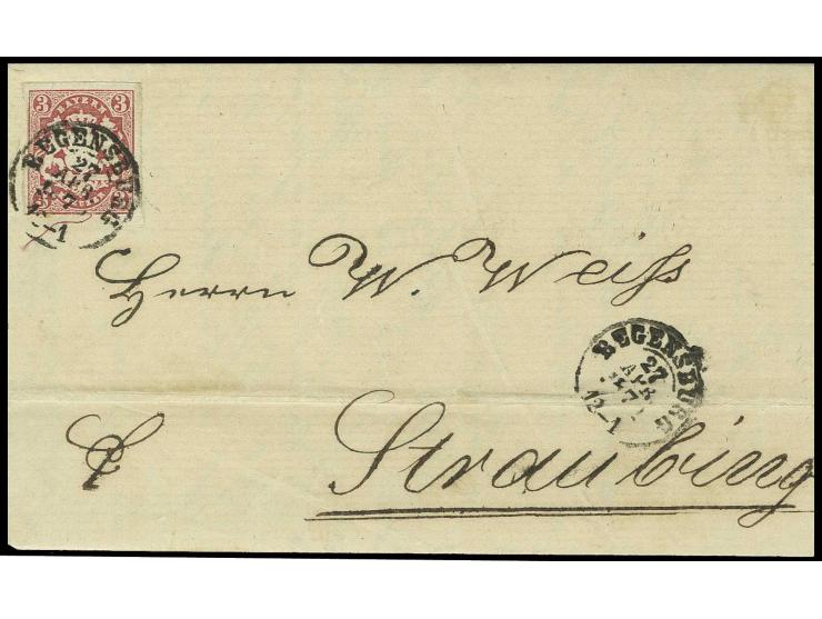 3 Kreuzer karminrosa mit privatem Durchstich mit DKr. "REGENSBURG 27 APR. 1870" auf Faltbrief nach Straubing mit Ankunftsstem