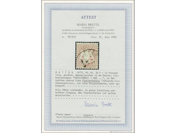 12 Kreuzer lila mit Plattenfehler "rechte obere Ecke abgeschrägt" mit sauberem Stempel von Edenkoben, Pracht, Fotoattest Bret