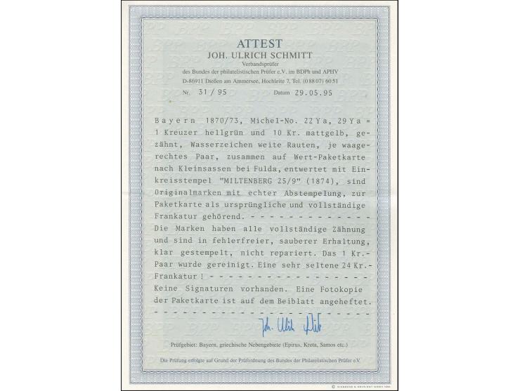 10 Kreuzer mattgelb und 1 Kreuzer hellgrün, je im waagerechten Paar, alle Werte gut gezähnt, mit EKr. "MILTENBERG 25/9" (1874