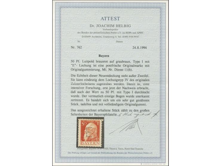 1912, Luitpold 50 Pfennig in Type I mit "E"-Lochung, postfrisch in einwandfreier Erhaltung; eine sehr seltene Marke, Fotoatte
