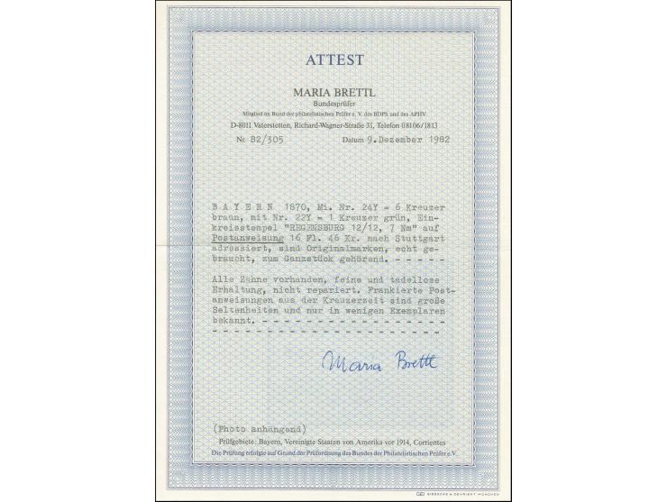 Postanweisungsformular frankiert mit 1870/75, 1 Kreuzer grün und 6 Kreuzer braun von "REGENSBURG 12/12" (1874) nach Stuttgart
