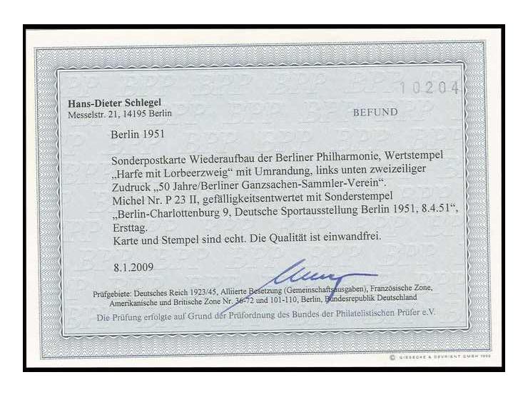 GANZSACHEN: 1951, Karte Philharmonie 10 Pfg. mit zweizeiligem Zudruck, sauber blanko gestempelt, Befund Schlegel BPP