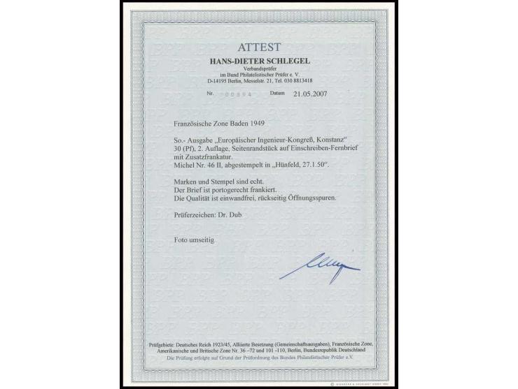 Konstanz 30 Pfg., zweite Auflage, mit Zufrankatur mit Stempel "HÜNFELD 27.1.50" auf portogerechtem R-Brief nach Nürnberg, Kla