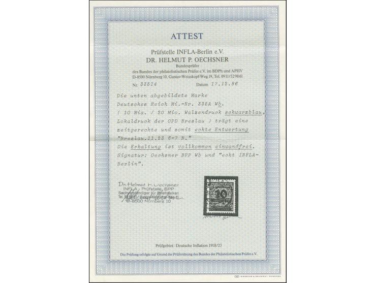 10 Mrd. auf 20 Mio. Mark schwarzblau gestempelt "Breslau ... 11.23", Pracht, sign. Infla sowie Oechsner BPP mit Fotoattest