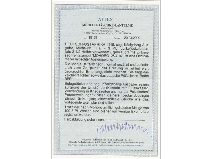 3 Pfennig ockerbraun (als 2 1/2 Heller verwendet), sauber gestempelt "MOHORO 25/4 16" in völlig einwandfreier Erhaltung; eine
