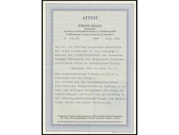 30 Pfg., farbfrisch und gut gezähnt, mit klarem Stempel "TIENTSIN 3.2.01" auf Briefstück, sehr seltene Marke, Pracht, sign. T