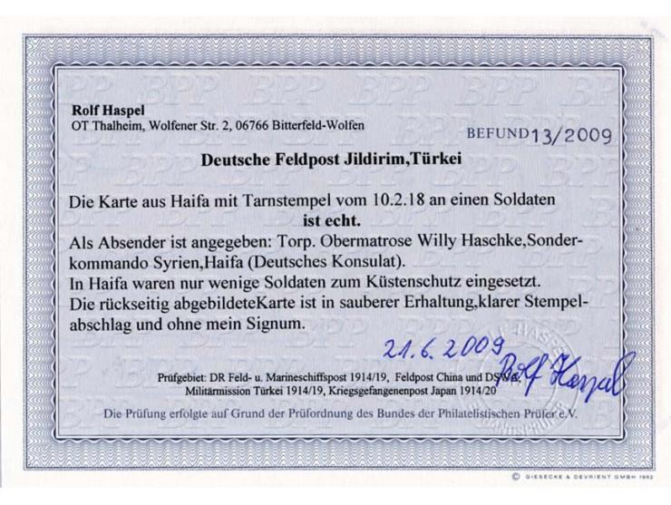 "Deutsche Feldpost 10.2.18" Tarnstempel auf Feldpostkarte (Ansicht Haifa Bahnhof) mit handschriftlicher Absenderangabe "Torp.
