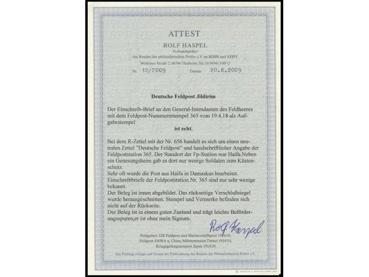 "Deutsche Feldpost 365/19.4.18" (Haifa) auf portofreiem Dienst-R-Brief mit neutralem R-Zettel mit handschriftlicher Angabe de