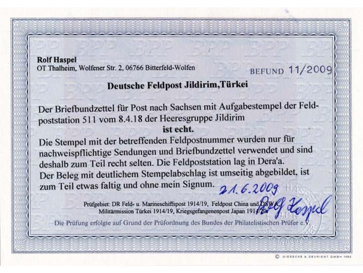 "Deutsche Feldpost 511/8.4.18" (Dera'a) auf Briefbundzettel nach Sachsen, etwas faltig, Fotobefund Haspel BPP