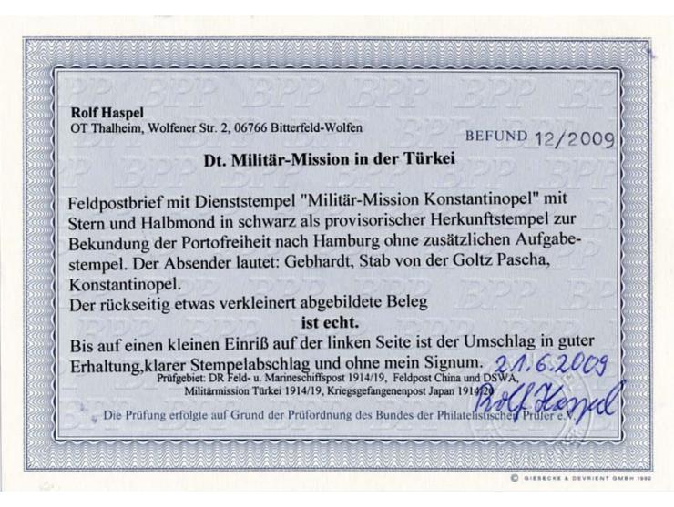 "MILITÄR-MISSION KONSTANTINOPEL" Herkunftsstempel auf Feldpostbrief ohne zusätzliche Aufgabestempel mit handschriftlicher Abs