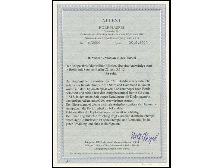 "MILITÄR-MISSION/PERSÖNLICHE ADJUTANTUR/KONSTANTINOPEL", Herkunftsstempel auf Feldpostbrief per Diplomatenpost über das Auswä