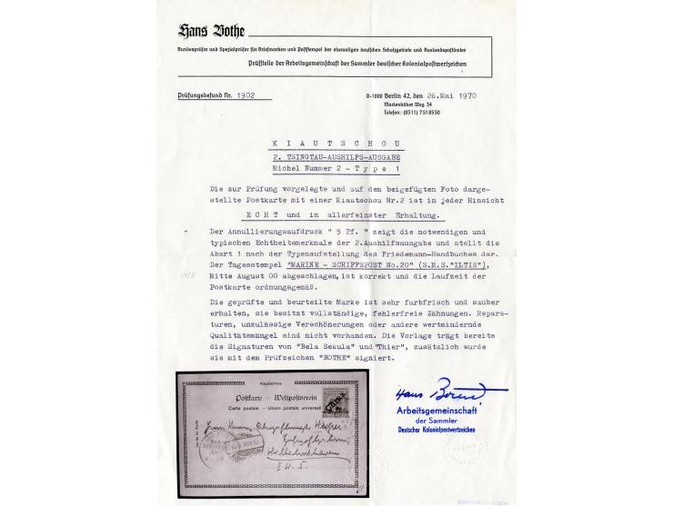 2. Tsingtau-Ausgabe 5 Pf. auf 10 Pfg. (Type 1) mit EKr. "KAIS. DEUTSCHE MARINE-SCHIFFSPOST No. 20/1../8" auf Postkarte nach W