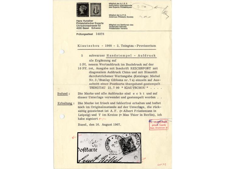 5 Pf. auf 10 Pfg. (Überdruck in Type 3a) mit zusätzlichem Handstempel "5" mit EKr. "TSINGTAU 21.7.00" auf Briefstück; eines d