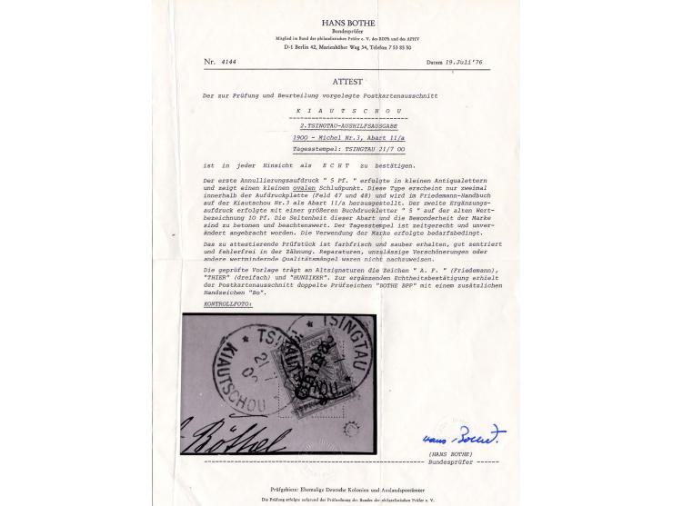 5 Pf. auf 10 Pfg. (Überdruck in Type 3a) mit zusätzlichem Handstempel "5" mit EKr. "TSINGTAU 21.7.00" auf Briefstück; eines d