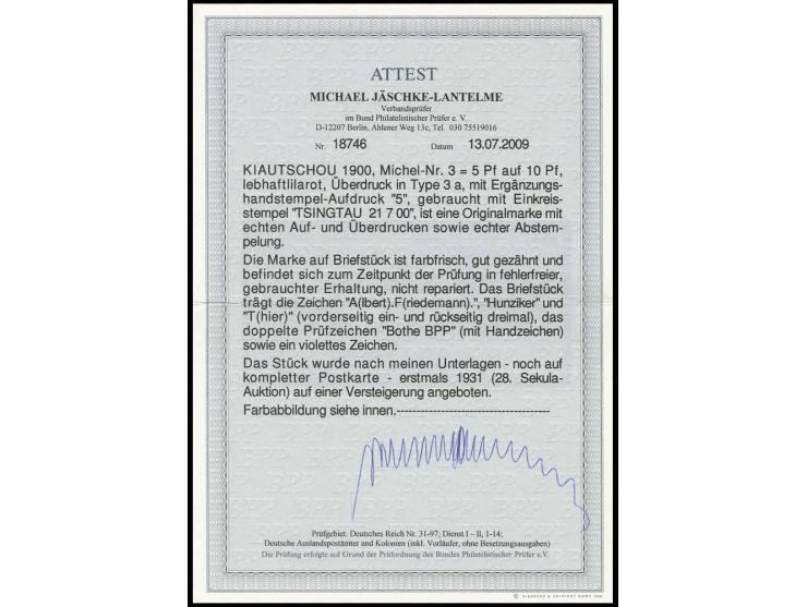 5 Pf. auf 10 Pfg. (Überdruck in Type 3a) mit zusätzlichem Handstempel "5" mit EKr. "TSINGTAU 21.7.00" auf Briefstück; eines d
