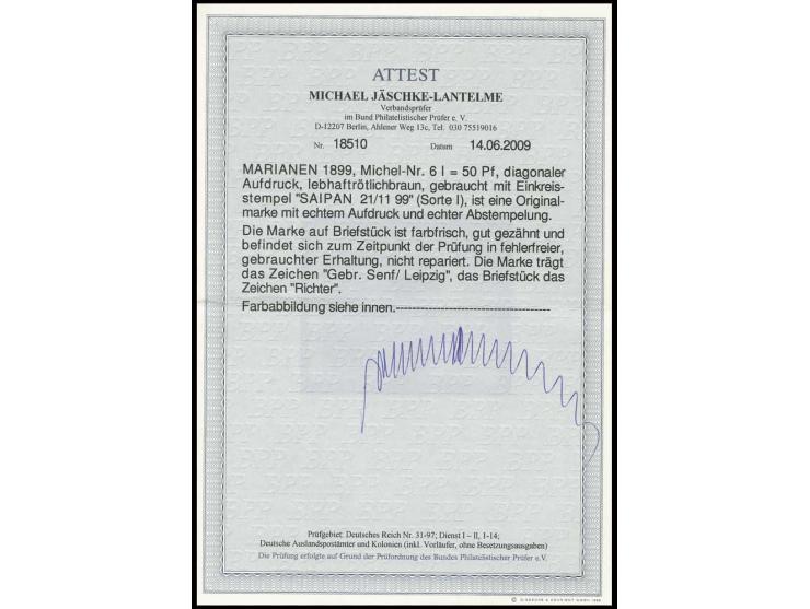 1899, Diagonalaufdruck 50 Pfg. mit sauberem zeitgerechtem Stempel "SAIPAN 21/11 99" auf kleinem Briefstück, Kabinett, Fotoatt