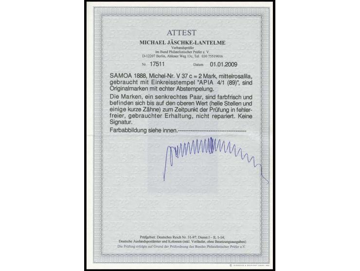 Vorläufer 2 M. mittelrosalila, senkrechtes Paar, farbfrisch und sauber gestempelt "APIA 4/1", der obere Wert mit hellen Stell