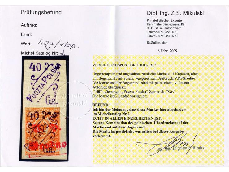 40 Gr. auf 1 Kop. geschnitten, allseits breitrandiges Oberrandstück mit zusätzlichem polnischem Aufdruck auf dem Oberrand, po