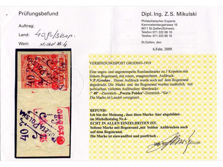 40 Gr. auf 3 Kop., polnischer Aufdruck in violett, linkes Randstück mit zusätzlichem polnischem und deutschem Aufdruck auf de