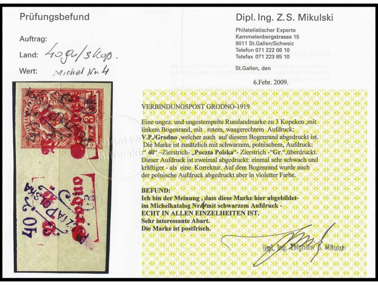40 Gr. auf 3 Kop. mit doppeltem polnischem Aufdruck in schwarz, linkes Randstück, auf dem Bogenrand zusätzlicher polnischer A