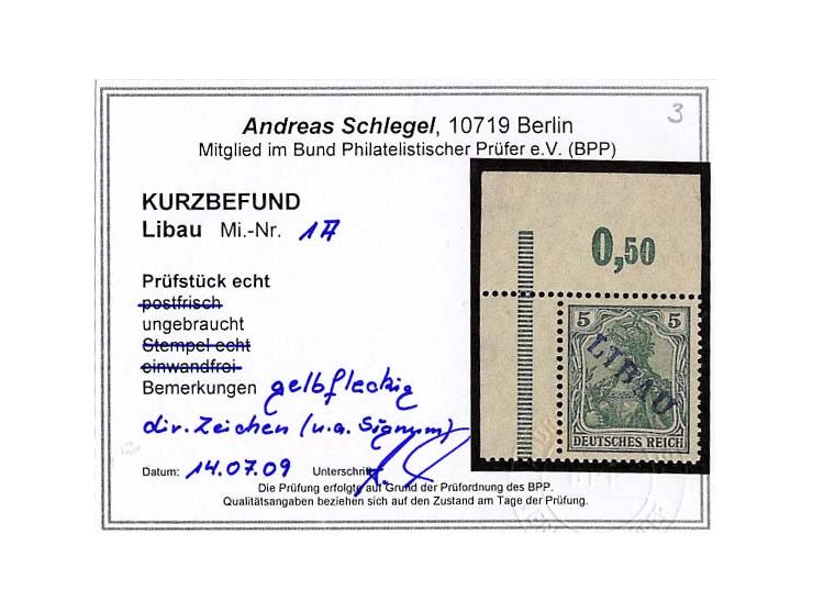 1919, Type I: 5-20 Pfg., dabei 5 Pfg. linkes oberes und 20 Pfg. rechtes unteres Eckrandstück, ungebraucht, teils gering gummi