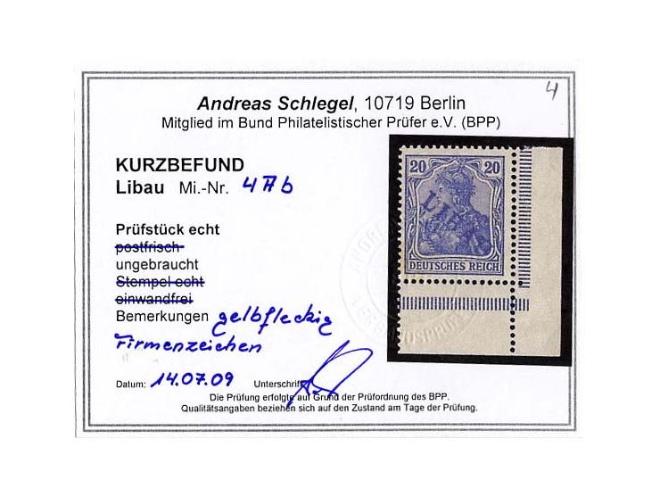 1919, Type I: 5-20 Pfg., dabei 5 Pfg. linkes oberes und 20 Pfg. rechtes unteres Eckrandstück, ungebraucht, teils gering gummi