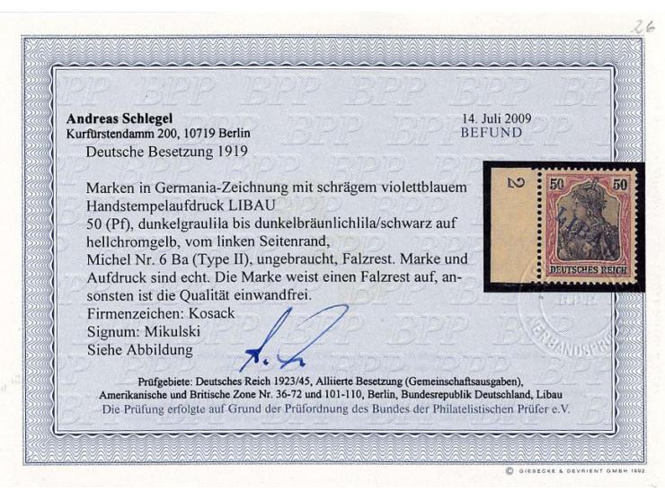 50 Pfg., linkes Randstück, ungebraucht, Kabinett, u.a. sign. Mikulski sowie Fotobefund A. Schlegel BPP (Mi. 600,-)