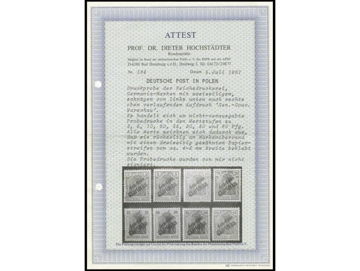 1916, Probedrucke 3-60 Pfg. kpl. mit Aufdruck "Gen.-Gouv./Warschau" in abweichender Type, ungebraucht mit Papierfalzrest, wah