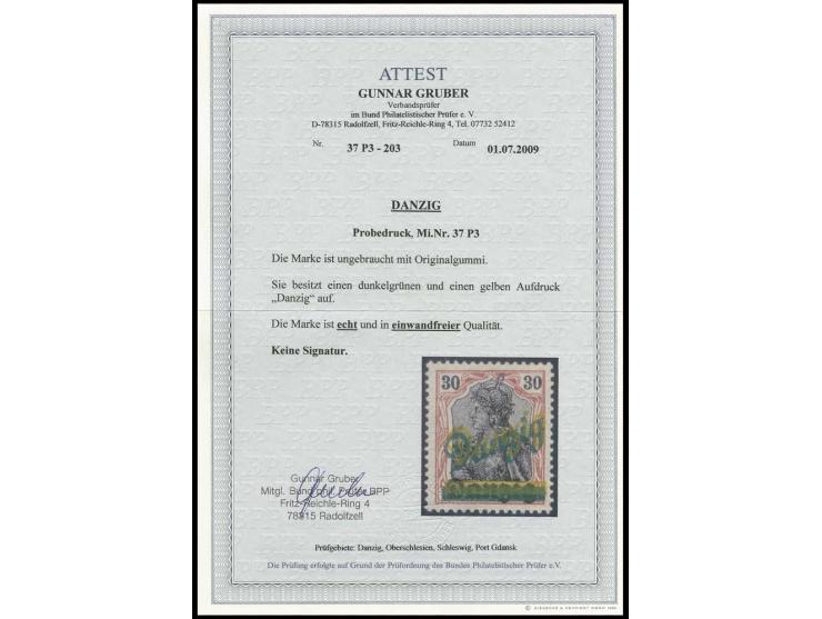 30 Pfg., Probedruck mit dunkelgrünem und gelbem Aufdruck, ungebraucht, Pracht, Fotoattest Gruber BPP