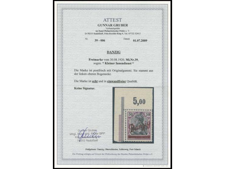50 Pfg. linkes oberes Eckrandstücl, postfrisch, Kabinett, Fotoattest Gruber BPP
