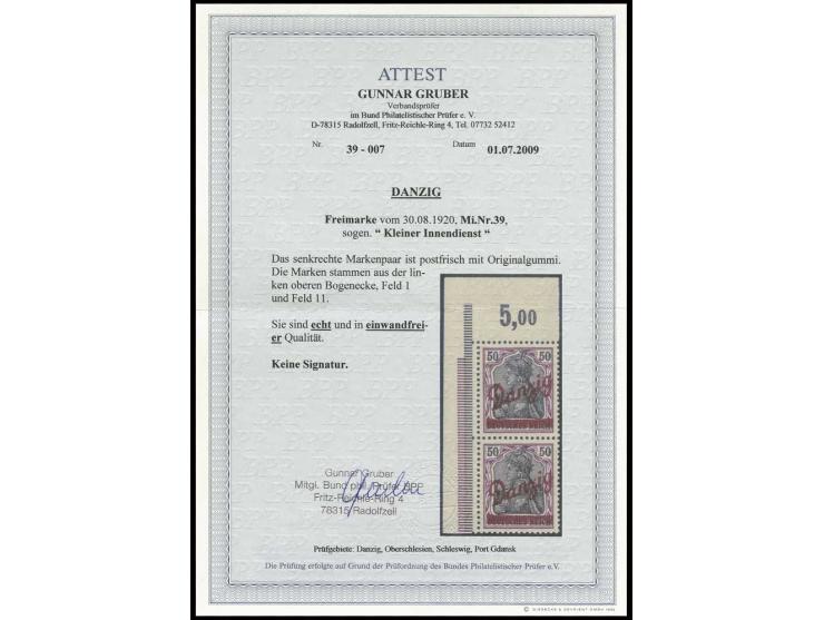 50 Pfg. im senkrechten Paar aus der linken oberen Bogenecke, postfrisch, Kabinett, Fotoattest Gruber BPP