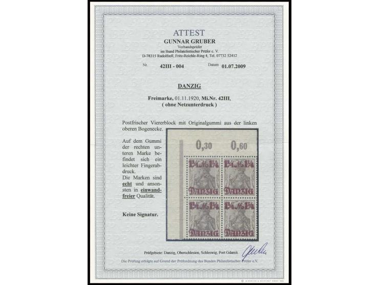 1¼ M. im linken oberen Eckrand-4er-Block, postfrisch, eine seltene Einheit, Kabinett, Fotoattest Gruber BPP