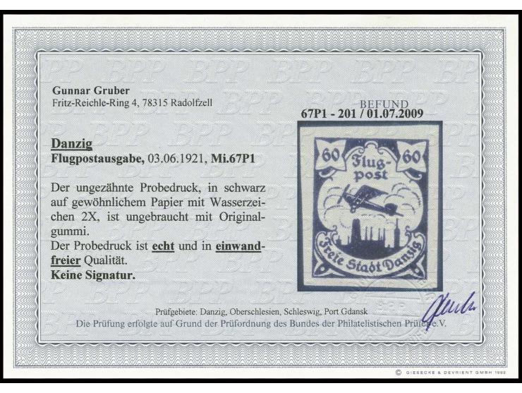 Flugpost 60 Pfg., Probedruck: in schwarz auf gewöhnlichem Papier, ungebraucht, Pracht, Befund Gruber BPP