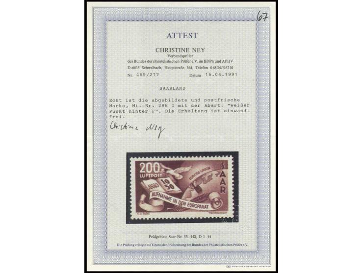 1950, Europarat 200 Fr. mit Plattenfehler "weisser Punkt hinter F", postfrisch, Fotoattest Ney BPP