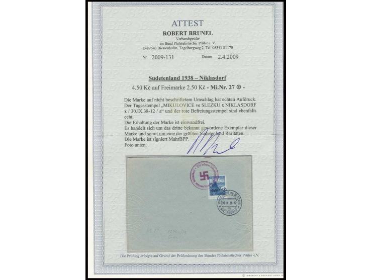 1938, 4,50 Kc. mit Unterrand mit Stempel "MIKULOWICE ve SLEZSKU 30.IX.38" auf Blanko-Umschlag, sehr selten und bis dato nur 3