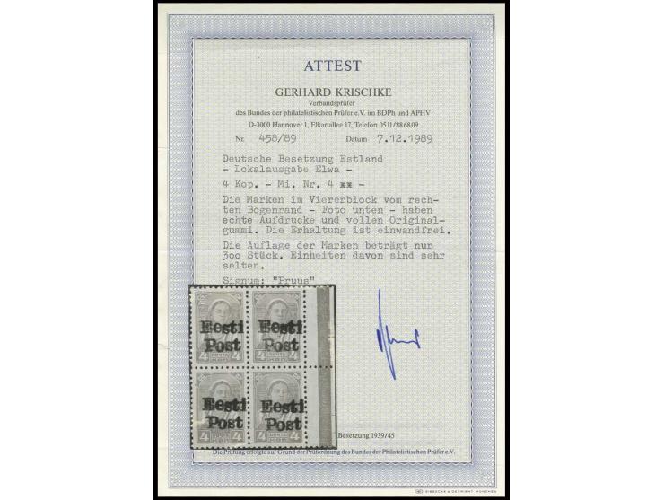 1941, 4 K., Viererblock mit rechtem Bogenrand, postfrisch, Kabinett, sign. Pruus und Fotoattest Krischke BPP, eine seltene Ei
