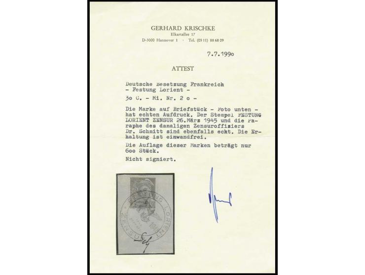 30 C. mit Stempel "FESTUNG LORIENT ZENSUR 26. März 1945" auf Briefstück, nebengesetzt die Paraphe des Zensuroffiziers Dr. Sch