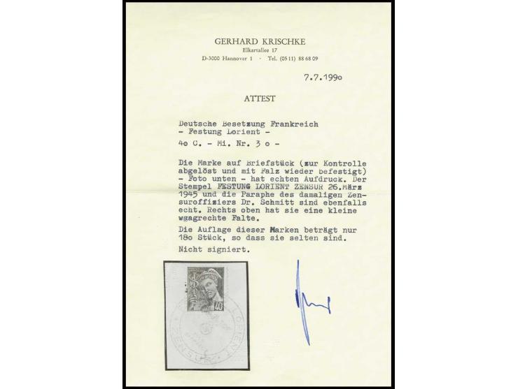 40 C. mit Stempel "FESTUNG LORIENT ZENSUR 26. März 1945" auf Briefstück (zur Kontrolle gelöst), nebengesetzt die Paraphe des 