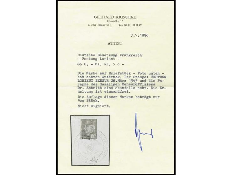 80 C. mit Stempel "FESTUNG LORIENT ZENSUR 26. März 1945" auf Briefstück, nebengesetzt die Paraphe des Zensuroffiziers Dr. Sch