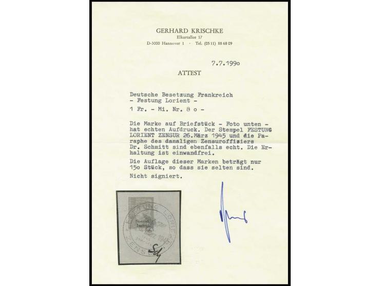 1 Fr. mit Stempel "FESTUNG LORIENT ZENSUR 26. März 1945" auf Briefstück, nebengesetzt die Paraphe des Zensuroffiziers Dr. Sch