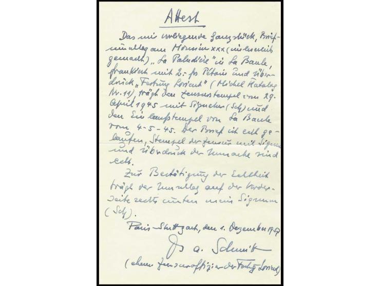 2 Fr. mit Stempel "FESTUNG LORIENT ZENSUR 29. April 1945" und nebengesetzter Paraphe des Zensuroffiziers Dr. Schmitt auf Brie