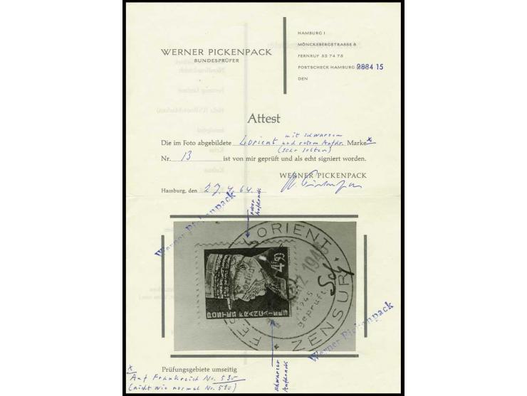 4.50 Fr. mit rotem und schwarzem Aufdruck mit Stempel "FESTUNG LORIENT ZENSUR 11. März 1945" auf Briefstück, nebengesetzt die
