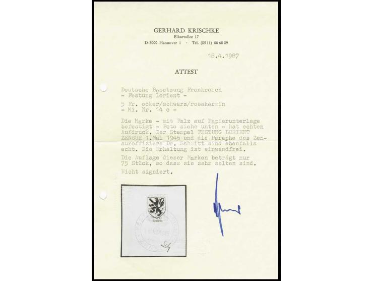 5 Fr. mit Stempel "FESTUNG LORIENT ZENSUR 1. Mai 1945" auf Briefstück (zur Kontrolle gelöst), nebengesetzt die Paraphe des Ze