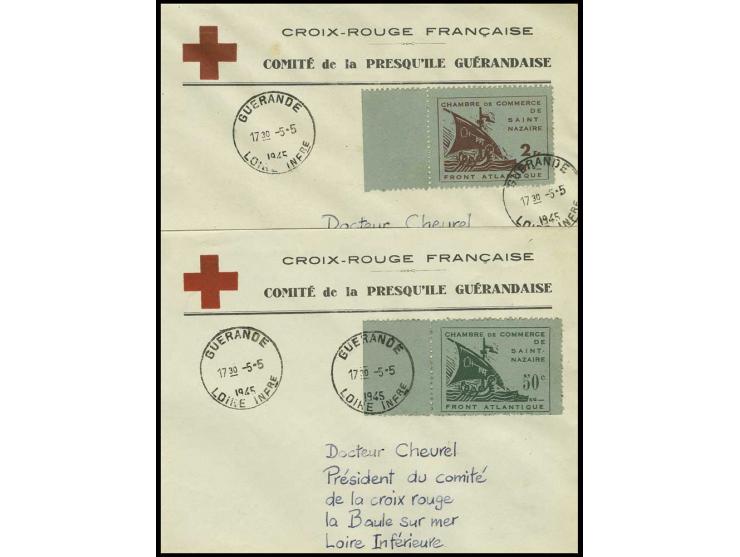 1945, Handelskammer 50 C. und 2 Fr., jeweils linkes Randstück mit Stempel "GUERANDE 5.5.1945" auf 2 Rot-Kreuz-Sonderumschläge