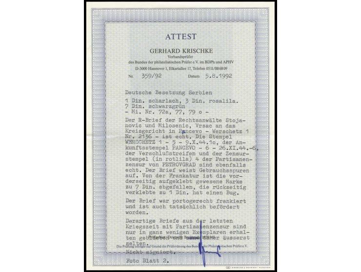 Klöster 3 Din. und 1 Din. rückseitig auf R-Brief von "WERSCHETZ 9.10.44" als "Überroller" mit Partisanen-Zensur (Censuricano 