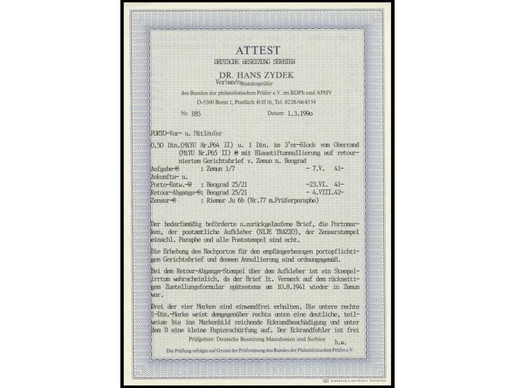 1941, Jugoslawien 50 Pa. und 1 Din. (3) auf portopflichtigem Dienstbrief von "ZEMUN 7.5.41 mit Zensur-Ra2 nach Beograd mit An