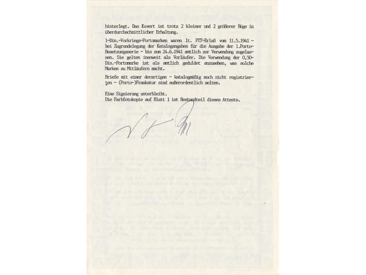 1941, Jugoslawien 50 Pa. und 1 Din. (3) auf portopflichtigem Dienstbrief von "ZEMUN 7.5.41 mit Zensur-Ra2 nach Beograd mit An